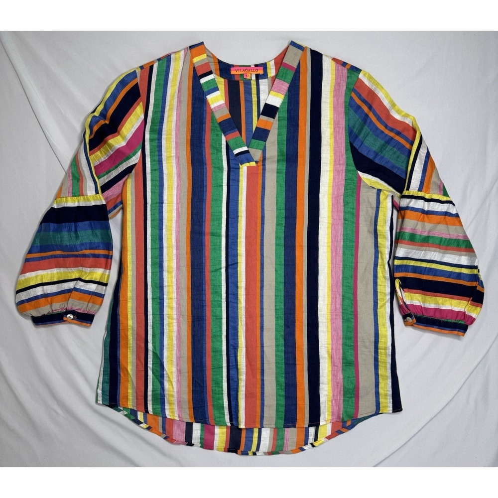 Vilagallo Fiji Stripe Multicolor V-neck Linen Blend Puff Sleeve Top Size 42